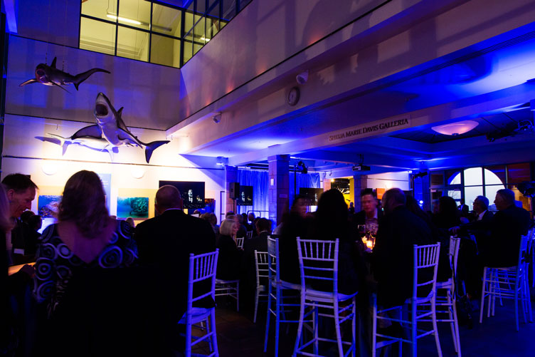 Attendees sit around tables under dramatic lighting and marine animal models hanging from the ceiling.