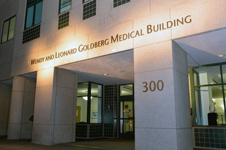 Wendy and Leonard Goldberg Medical Building name is shown on the stone exterior of the building