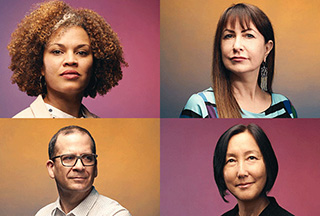 Four headshots of three women and one man of various ethnic descents